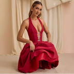 Norma Minimalist Women's Evening Dress with Deep V Neck and Bows Designer Edit