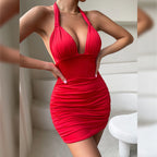 Halter Neck Deep V-Neck Side Ruched Bodycon Mini Dress