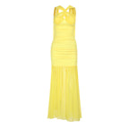 Halter Neck Keyhole Ruched High Split Pleated Maxi Dress