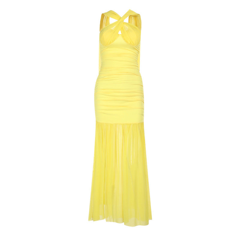 Halter Neck Keyhole Ruched High Split Pleated Maxi Dress