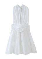 Halter Deep V-Neck Pearl Embellished Floral Applique Mini Dress