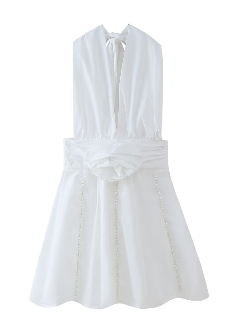 Halter Deep V-Neck Pearl Embellished Floral Applique Mini Dress
