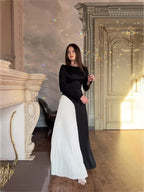 High Neck Long Sleeve Color Block Diagonal Pleated Maxi Dress