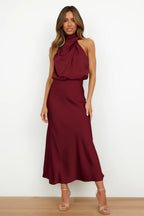 Halter Cowl Neck Sleeveless Satin Bias Cut Midi Dress