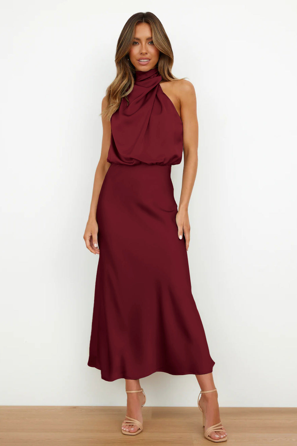 Halter Cowl Neck Sleeveless Satin Bias Cut Midi Dress