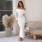 Off Shoulder Mesh Long Sleeve Ruched Waist Asymmetric Drape Maxi Dress