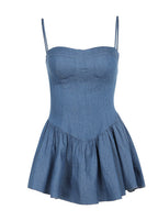Denim Sweetheart Bustier Spaghetti Strap Drop Waist Ruffled Tiered Mini Dress