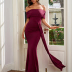 Off Shoulder Ruched Waist Side Drape Train Maxi Gown