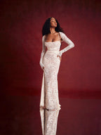Floral Lace Overlay Long Sleeve Ruched Scoop Neck Column Maxi Gown