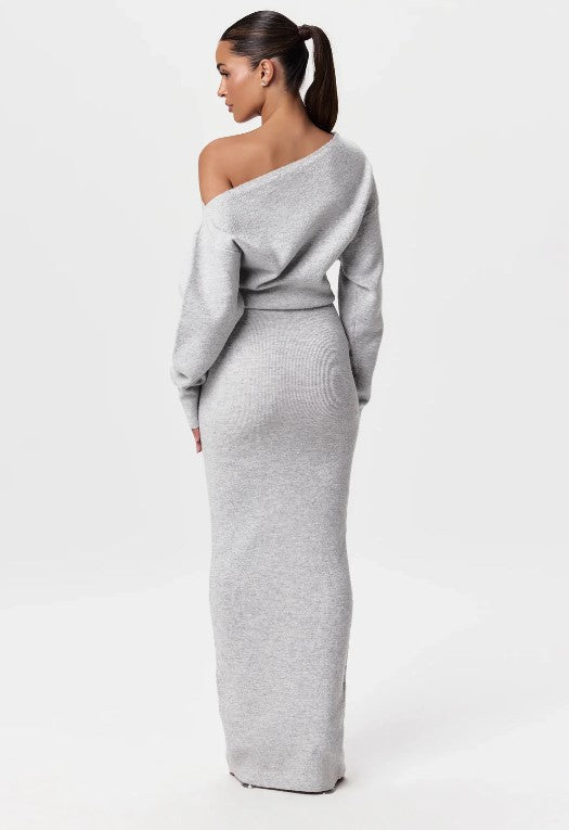 Asymmetric Off Shoulder Long Sleeve Knit Column Maxi Dress
