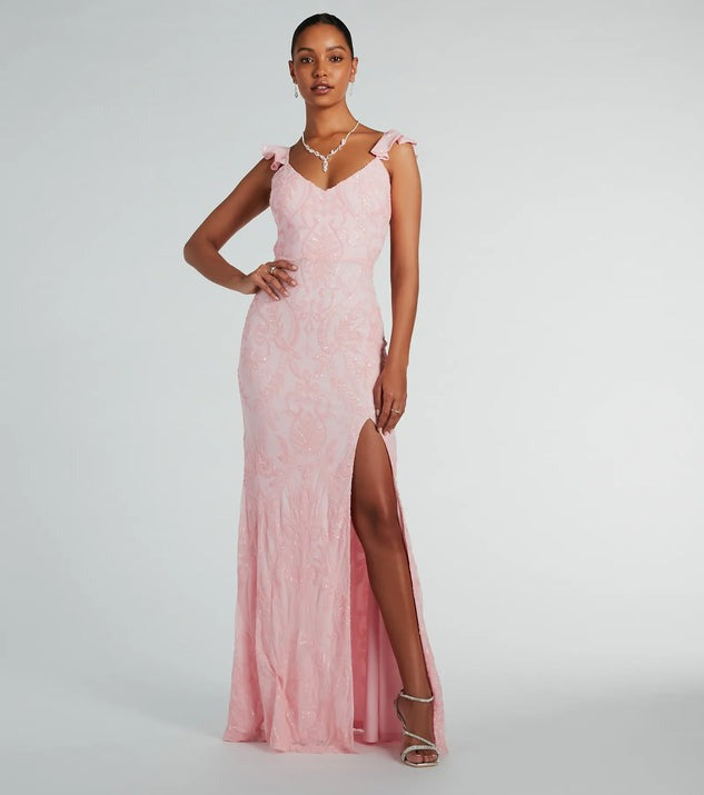 Sequin Beaded Floral Flutter Strap Deep V-Neck High Slit Maxi Gown