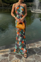 Little Mermaid Colorful Scales Print Halter Maxi Dress