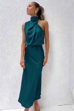 Halter Cowl Neck Sleeveless Satin Bias Cut Midi Dress