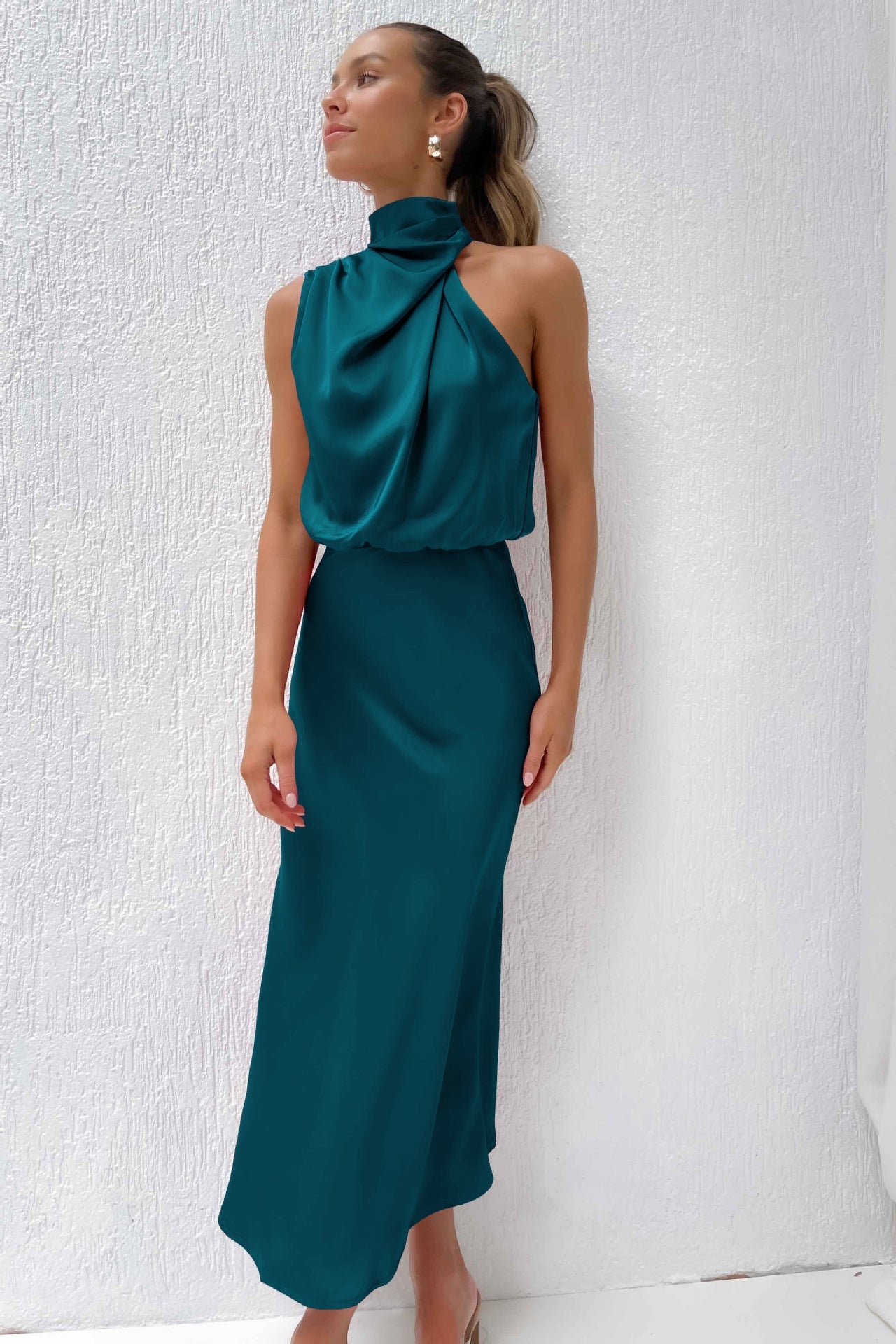 Halter Cowl Neck Sleeveless Satin Bias Cut Midi Dress
