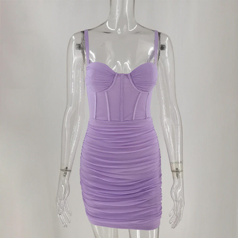 Mesh Panel Corset Sweetheart Spaghetti Strap Ruched Bodycon Mini Dress
