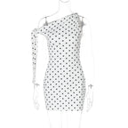 Polka Dot Boat Neck Asymmetric Shoulder Sash Bodycon Mini Dress