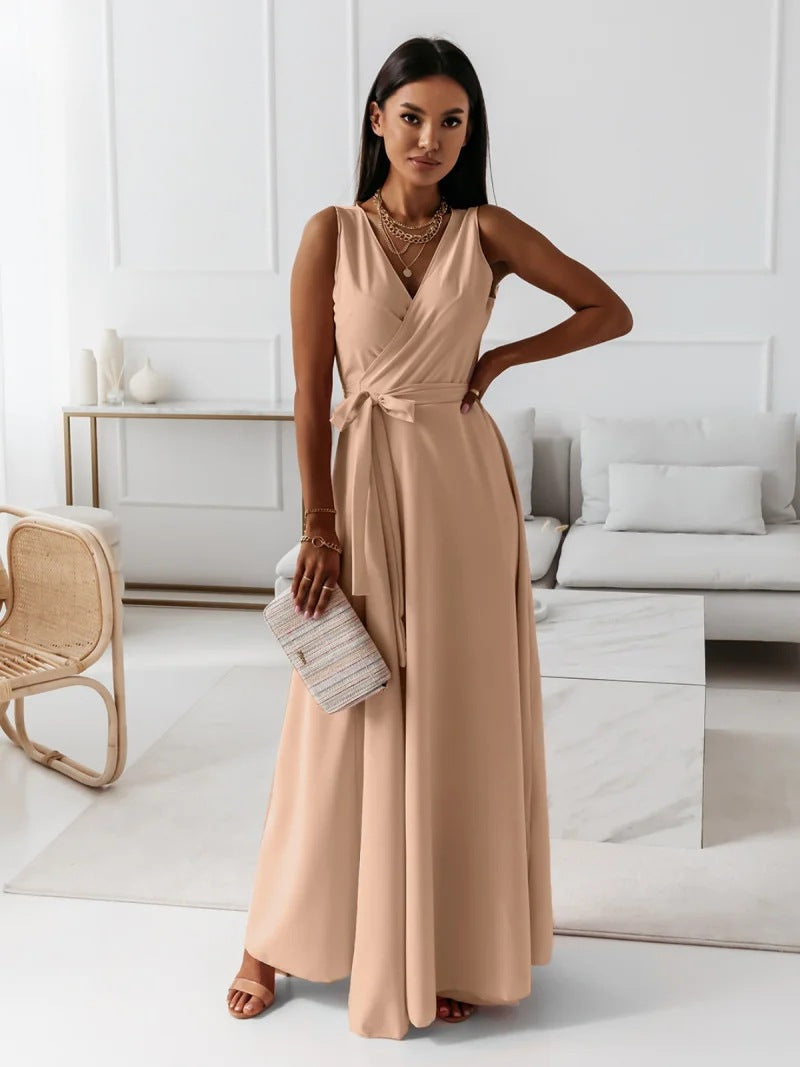 Edvige Timeless Women's Solid Color V Neck Long Dress Elevated Occasion Wear
