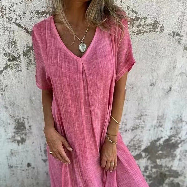 Jimena Minimalist Cotton Linen Dress with V Neck Elevated Occasion Wear