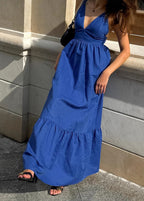Crinkled Fabric Double Strap Deep V-Neck Tiered Maxi Dress