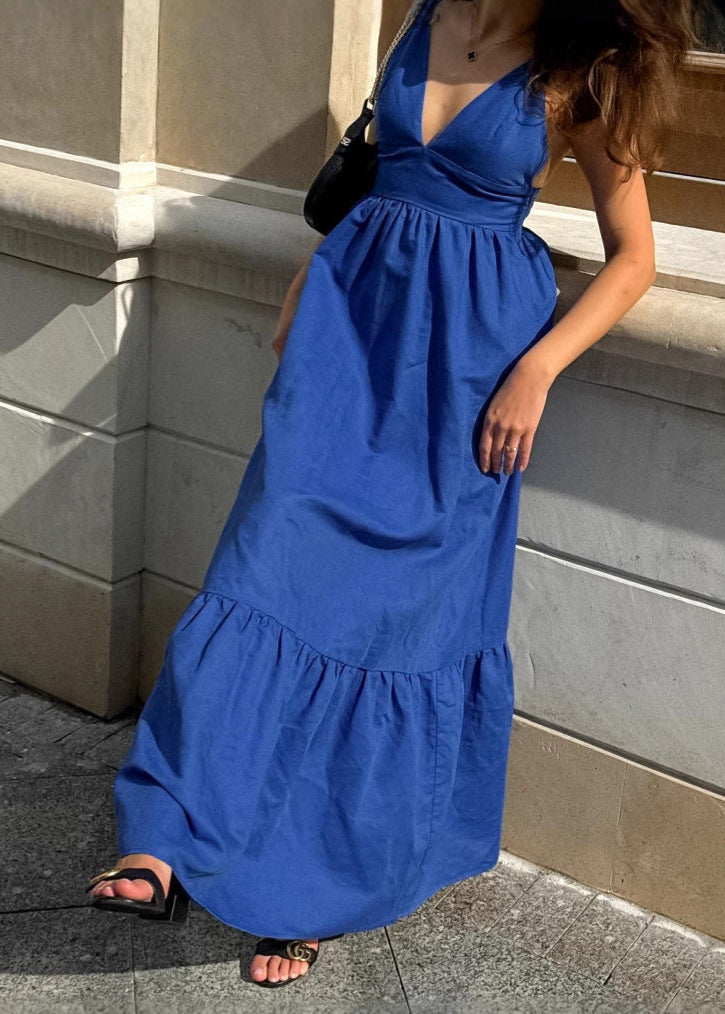 Crinkled Fabric Double Strap Deep V-Neck Tiered Maxi Dress