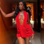 Halter Deep Plunge Corded Trim Draped Ruched Mini Dress