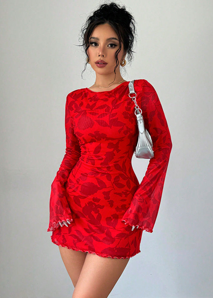Floral Burnout Open Back Flare Sleeve Bodycon Mini Dress