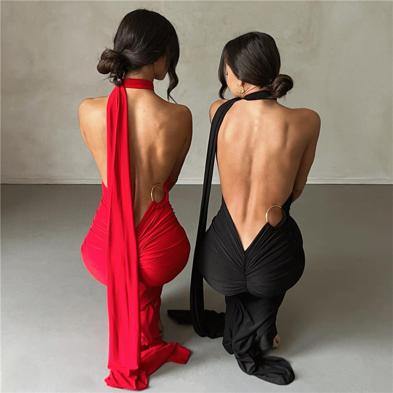 One Shoulder Asymmetric Strap Metal Ring Open Back Ruched Train Maxi Dress
