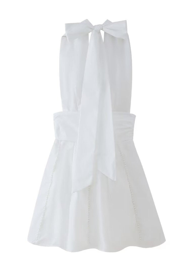 Halter Deep V-Neck Pearl Embellished Floral Applique Mini Dress