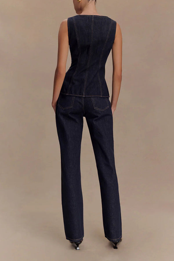 Stassi Denim High Waist Pocketed Straight Leg Jeans
