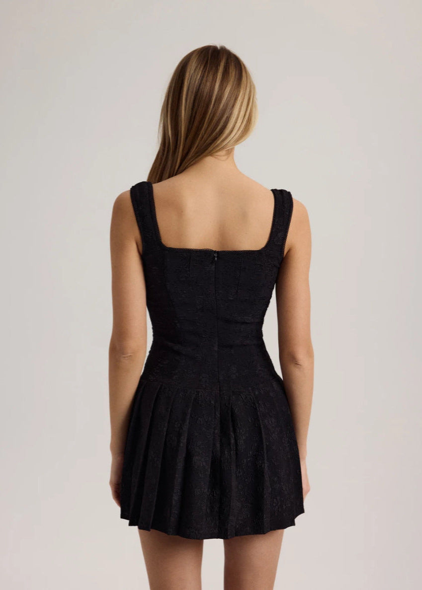 Floral Jacquard Lace Up Corset Bodice Pleated Mini Dress