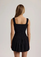 Floral Jacquard Lace Up Corset Bodice Pleated Mini Dress