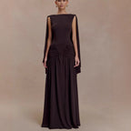 Boat Neck Cape Back Dropped Waist Ruched Gathered Maxi Gown