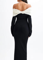 Off Shoulder Fold Over Collar Contrast Long Sleeve Bodycon Maxi Dress