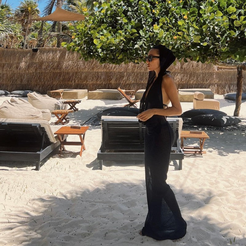 Sheer Mesh Halter Cowl Neck Bodycon Maxi Dress