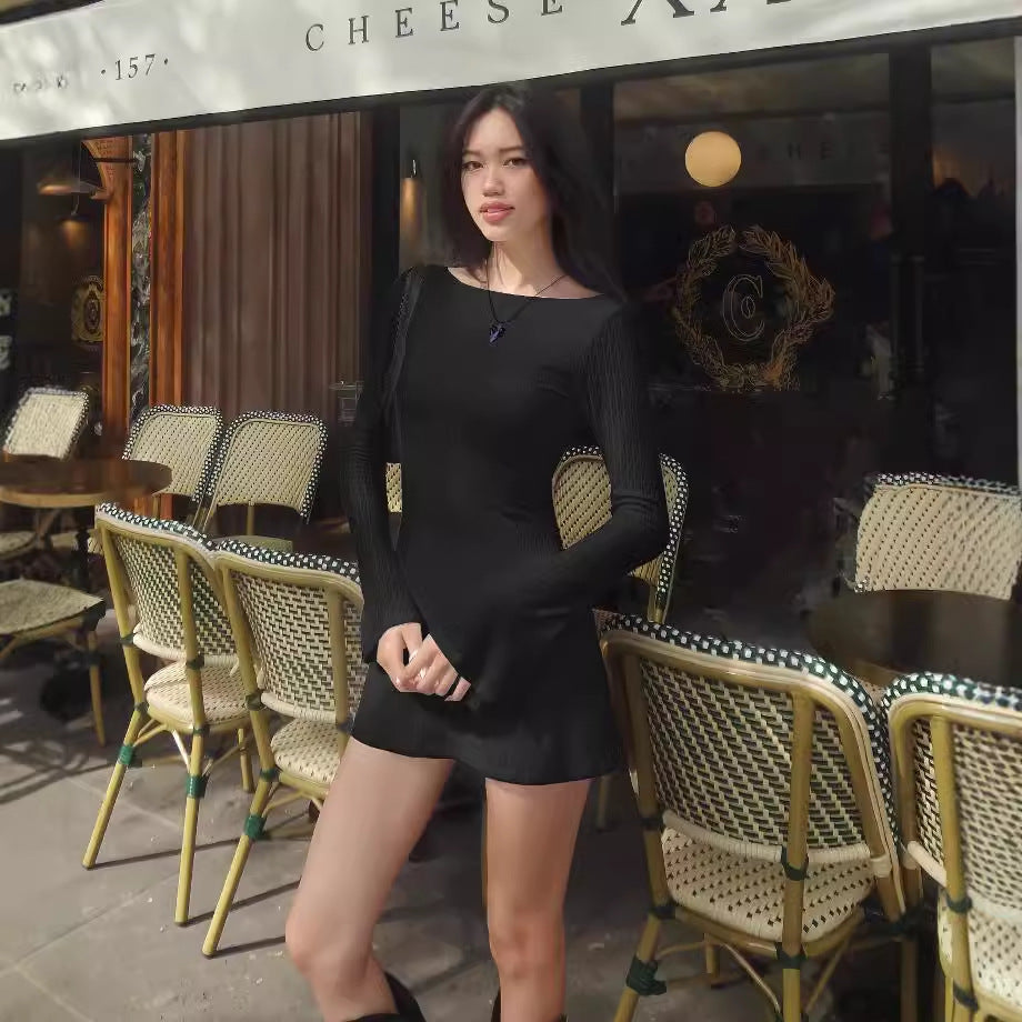 Ribbed Knit Boat Neck Bell Sleeve Bodycon Mini Dress