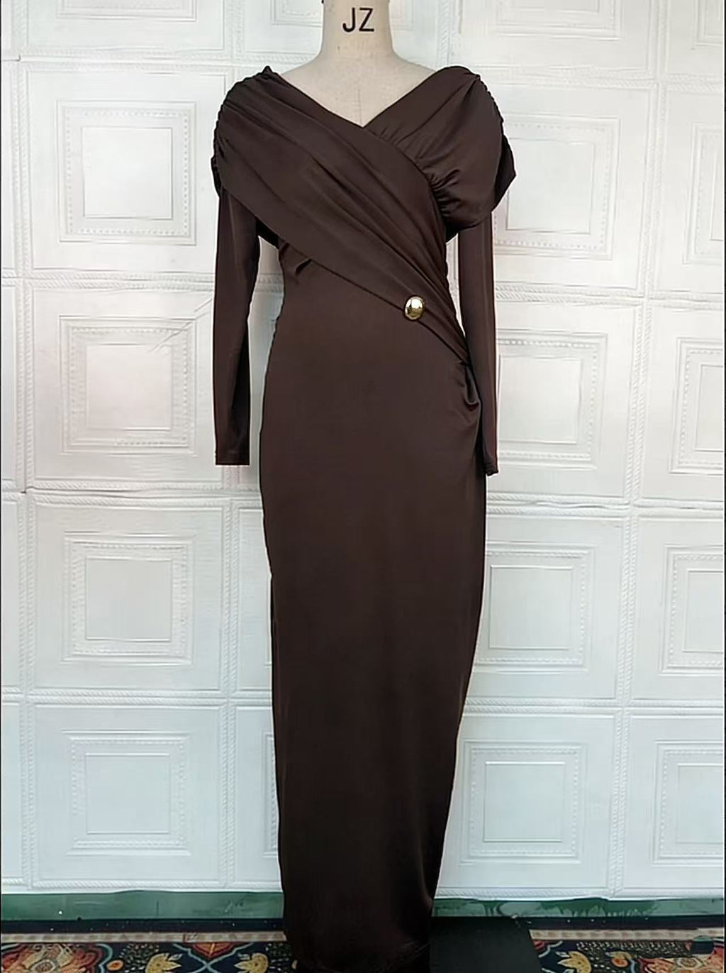 Off Shoulder Long Sleeve Ruched Wrap Metal Brooch Maxi Dress