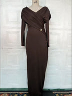 Off Shoulder Long Sleeve Ruched Wrap Metal Brooch Maxi Dress