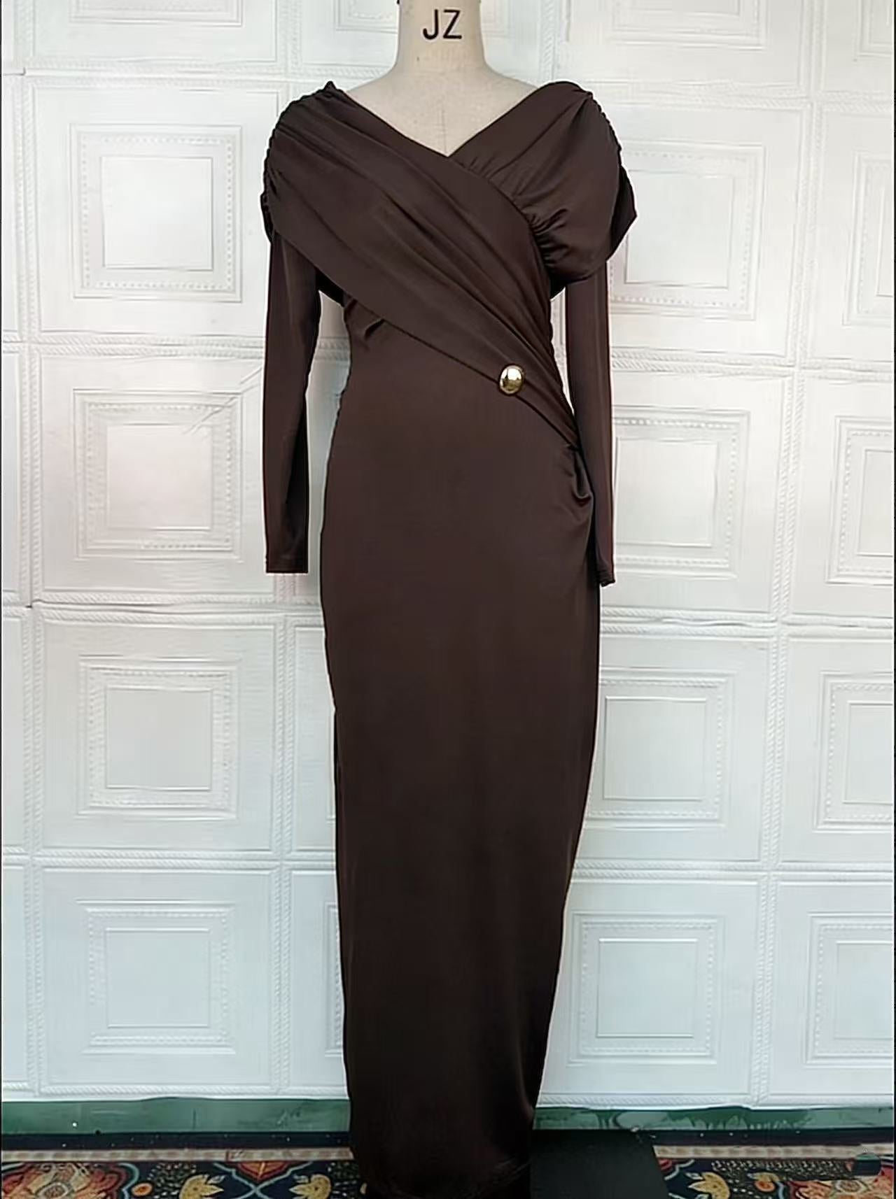 Off Shoulder Long Sleeve Ruched Wrap Metal Brooch Maxi Dress