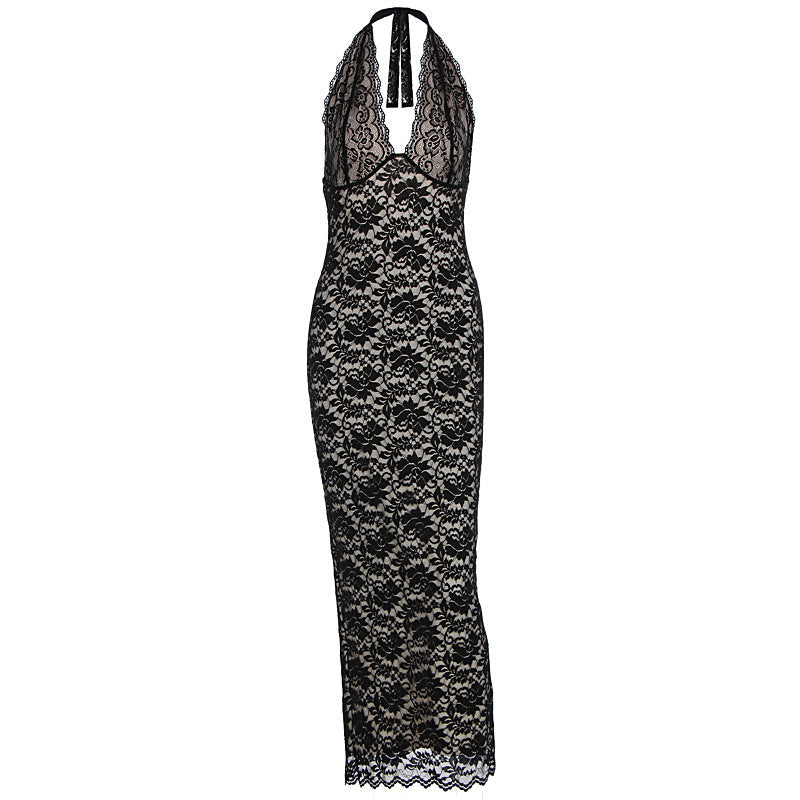 Lace Halter Neck Deep V-Neck Scalloped Trim Mermaid Maxi Dress