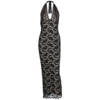 Lace Halter Neck Deep V-Neck Scalloped Trim Mermaid Maxi Dress