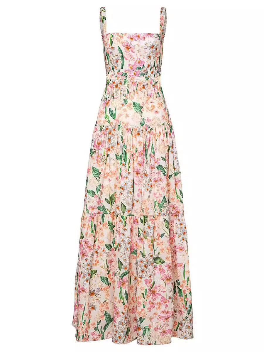 Square Neck Wide Strap Tiered Floral Print A-Line Maxi Dress