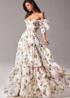 Off Shoulder Puff Sleeve Tiered Floral Organza Maxi Dress