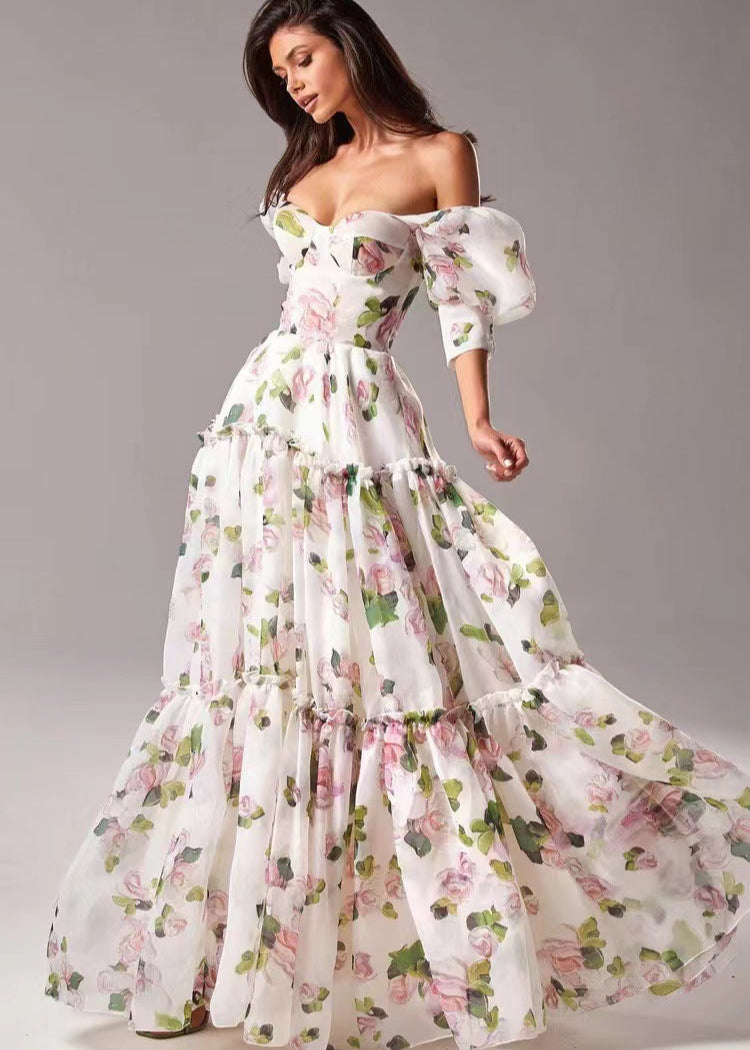 Off Shoulder Puff Sleeve Tiered Floral Organza Maxi Dress