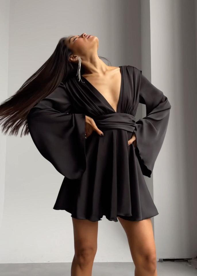 Satin Plunging V-Neck Bell Sleeve Pleated Bodice Mini Dress