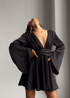 Satin Plunging V-Neck Bell Sleeve Pleated Bodice Mini Dress