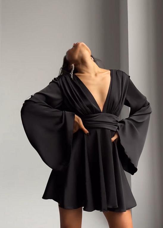 Satin Plunging V-Neck Bell Sleeve Pleated Bodice Mini Dress