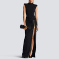 Sleeveless Mock Neck Padded Shoulder Exposed Zipper High Split Maxi Gown