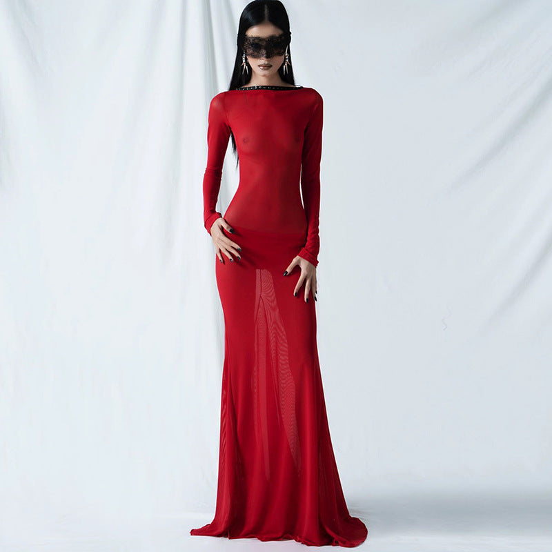 Mesh Long Sleeve Lace Up Open Back Maxi Dress