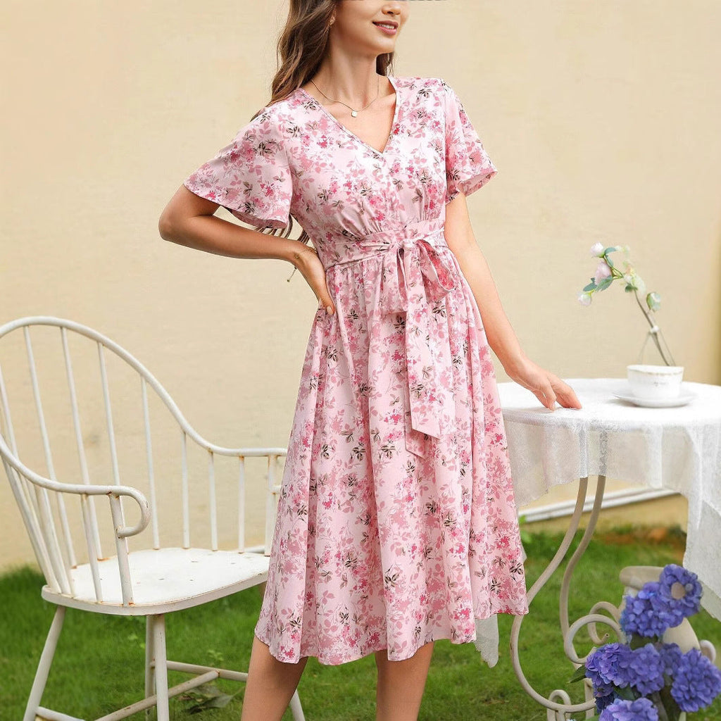 Zuleyka Chic Women's Floral Dress with V Neck and Tailored Tie Belt Silhouette Collection