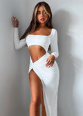 Scoop Neck Long Sleeve Midriff Cutout Twist Front High Slit Maxi Dress